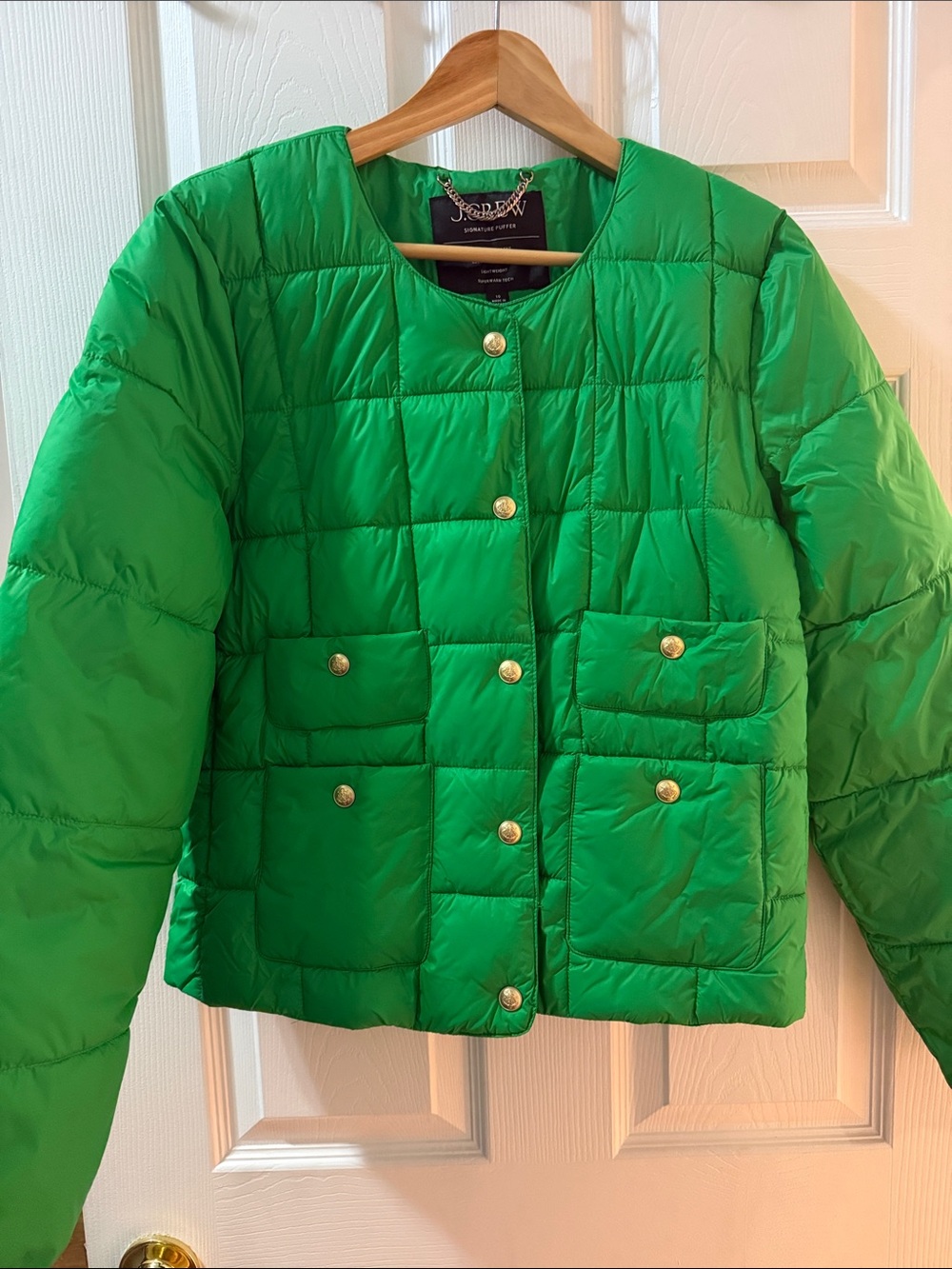 J. Crew Bright Green Quilted Puffer with Gold Buttons